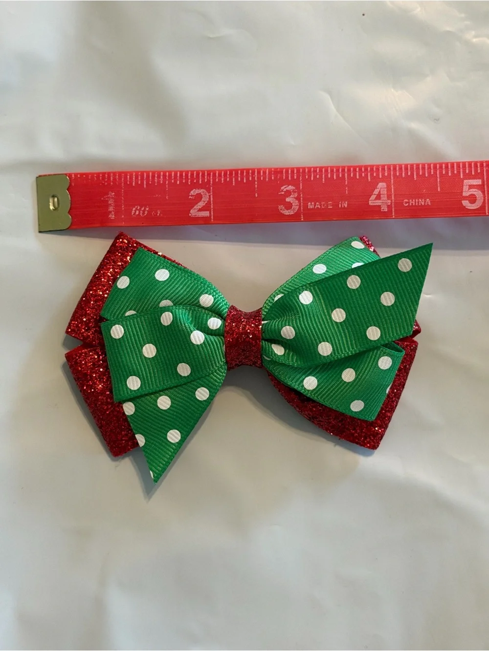 Kids Green Polka Dot & Red Glitter Bow Hair Clips